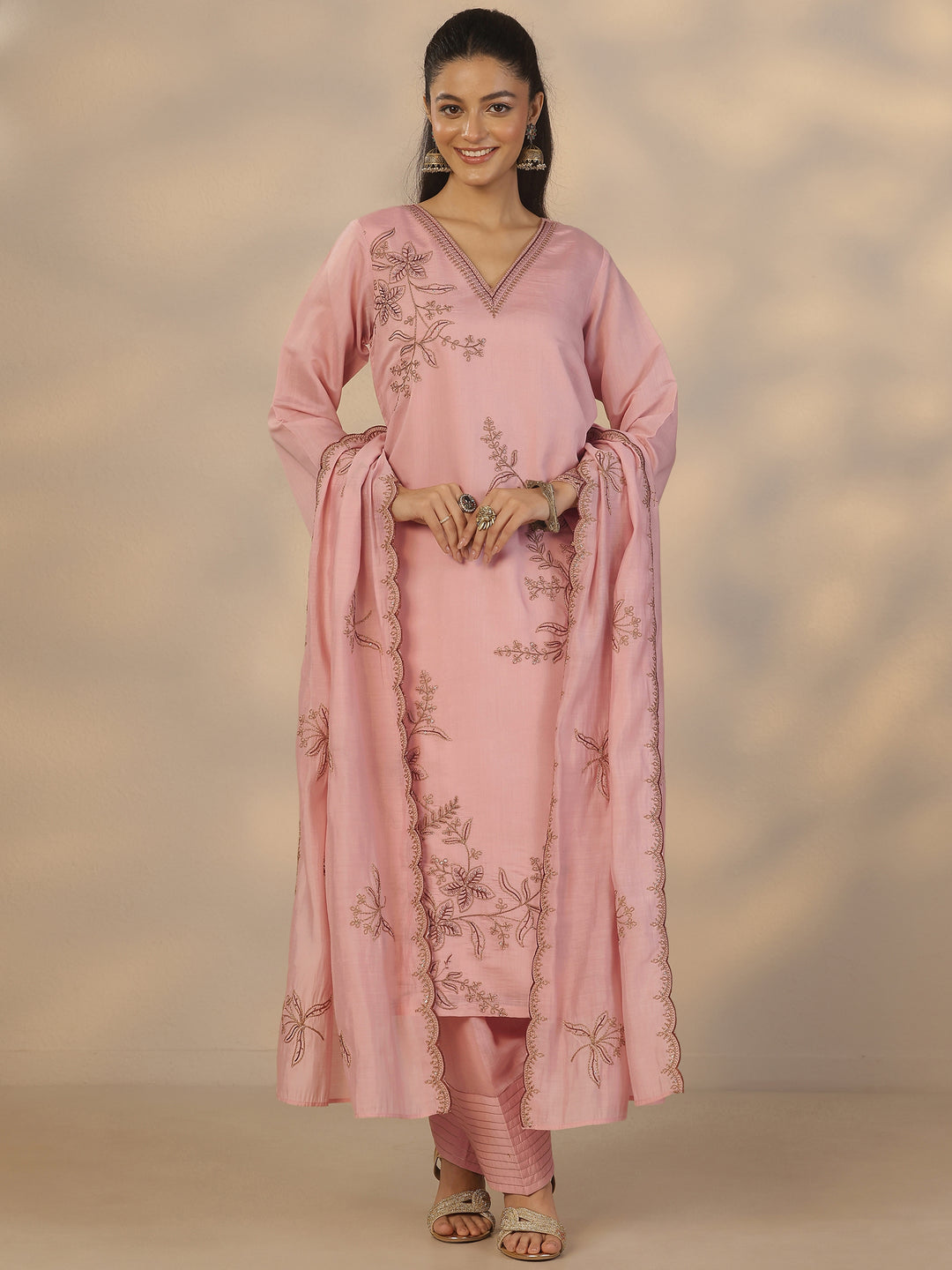 Pink Embroidered Chanderi Cotton Straight Suit Set With Dupatta
