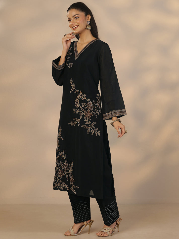 Black Embroidered Chanderi Cotton Straight Suit Set With Dupatta