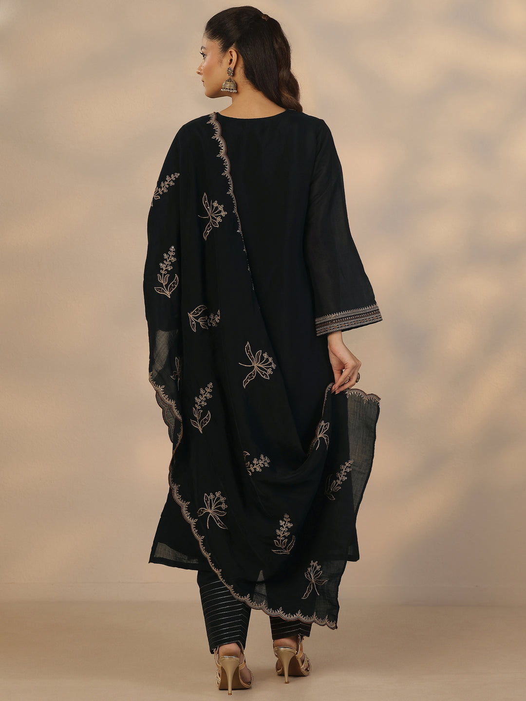 Black Embroidered Chanderi Cotton Straight Suit Set With Dupatta