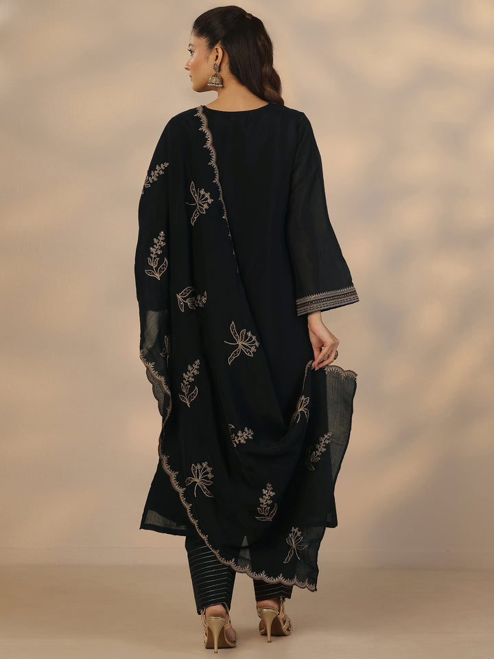 Black Embroidered Chanderi Cotton Straight Suit Set With Dupatta