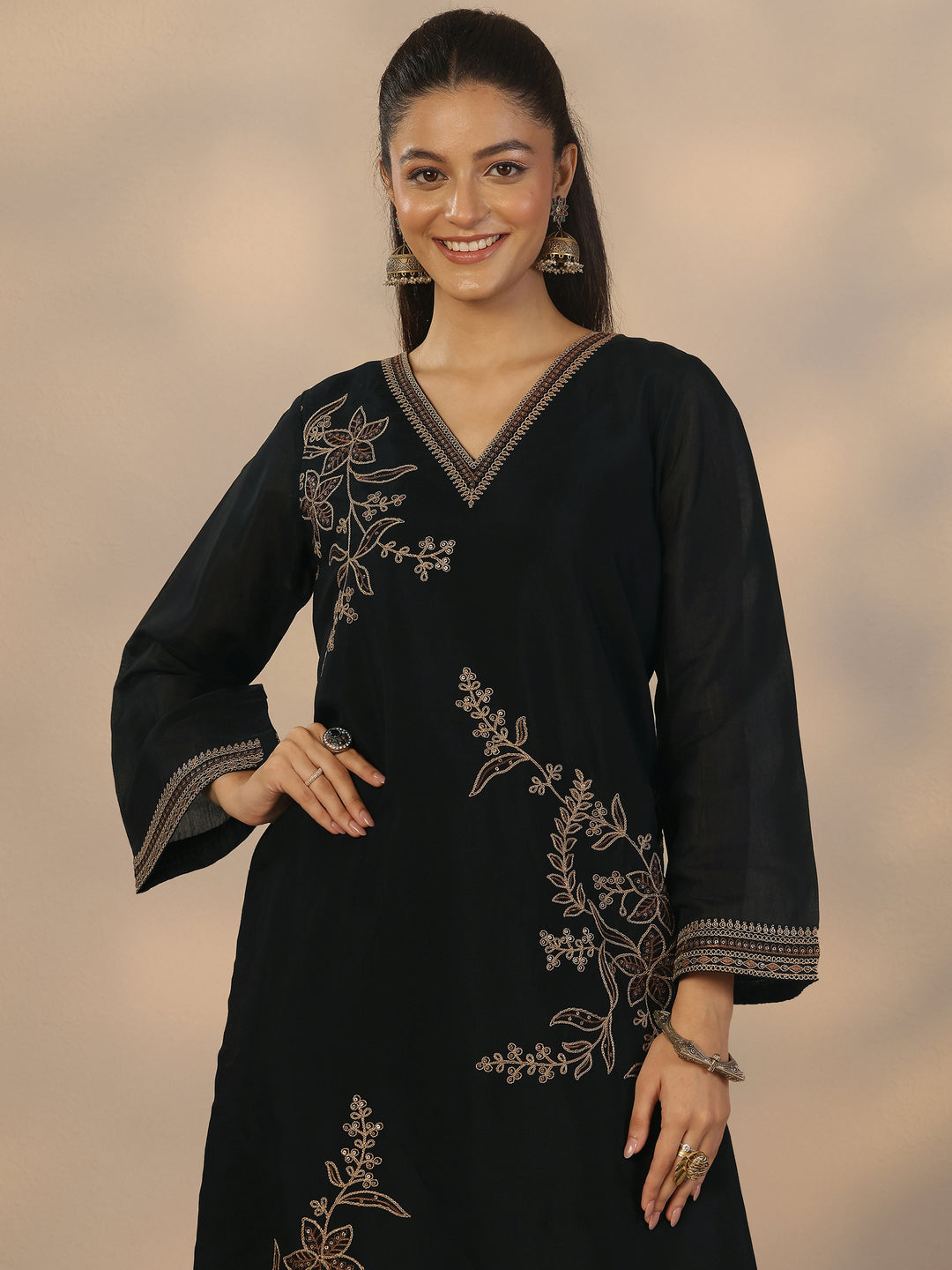 Black Embroidered Chanderi Cotton Straight Suit Set With Dupatta