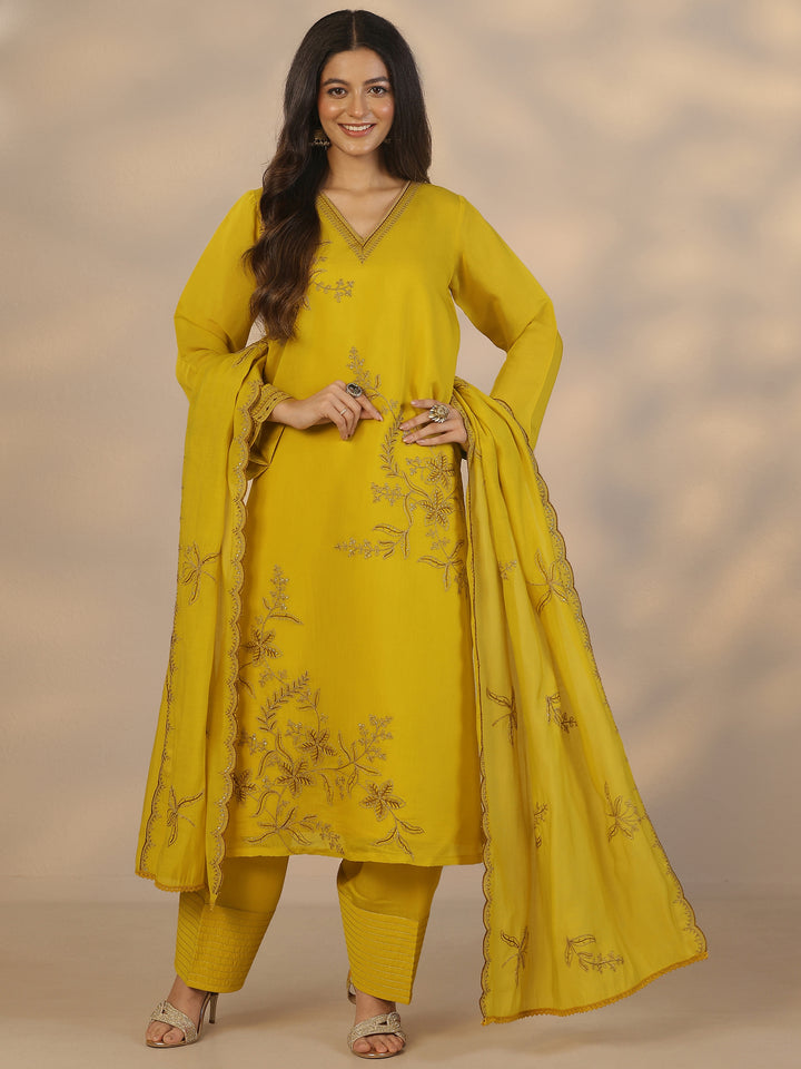 Mustard Embroidered Chanderi Cotton Straight Suit Set With Dupatta