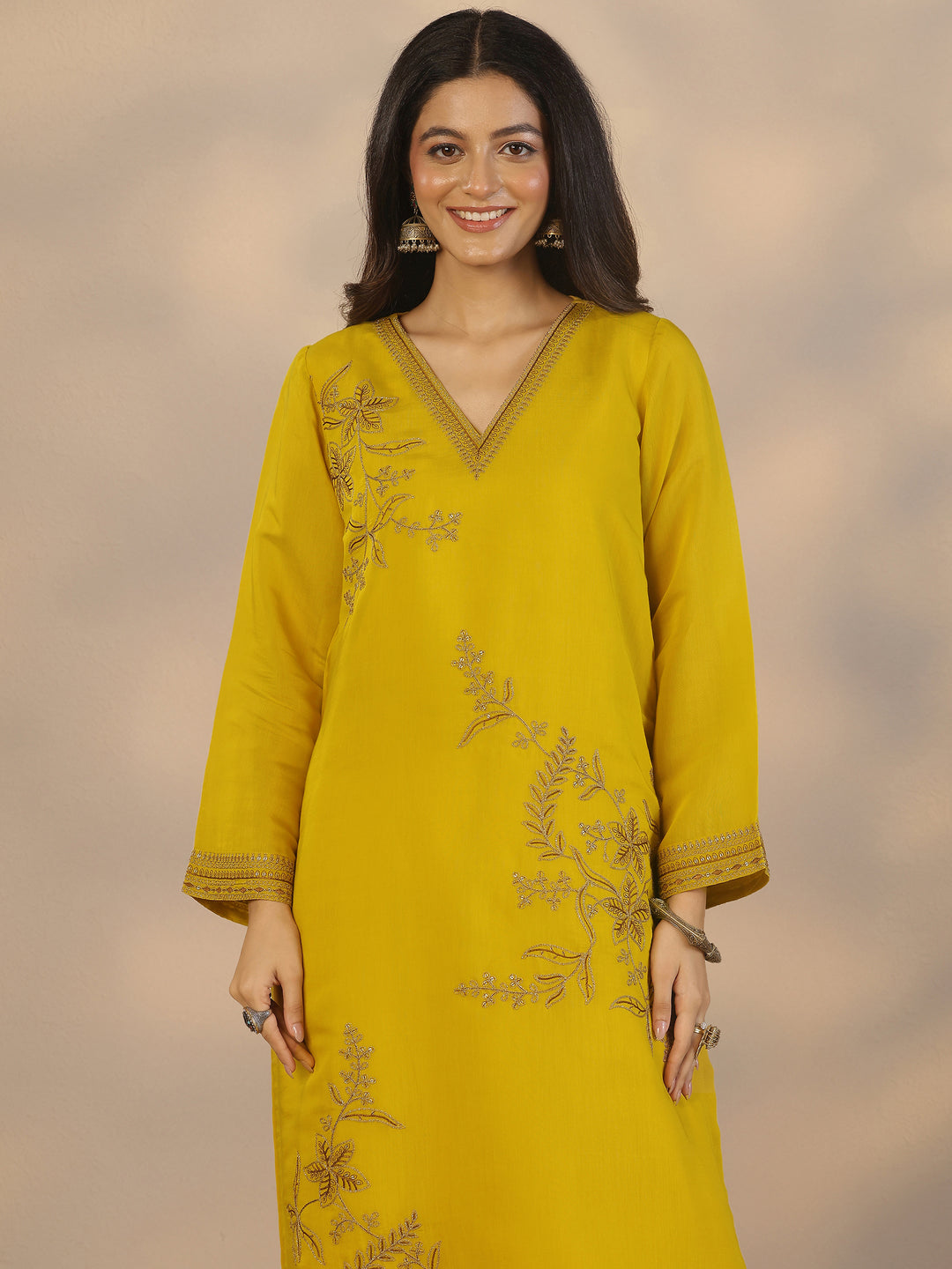 Mustard Embroidered Chanderi Cotton Straight Suit Set With Dupatta