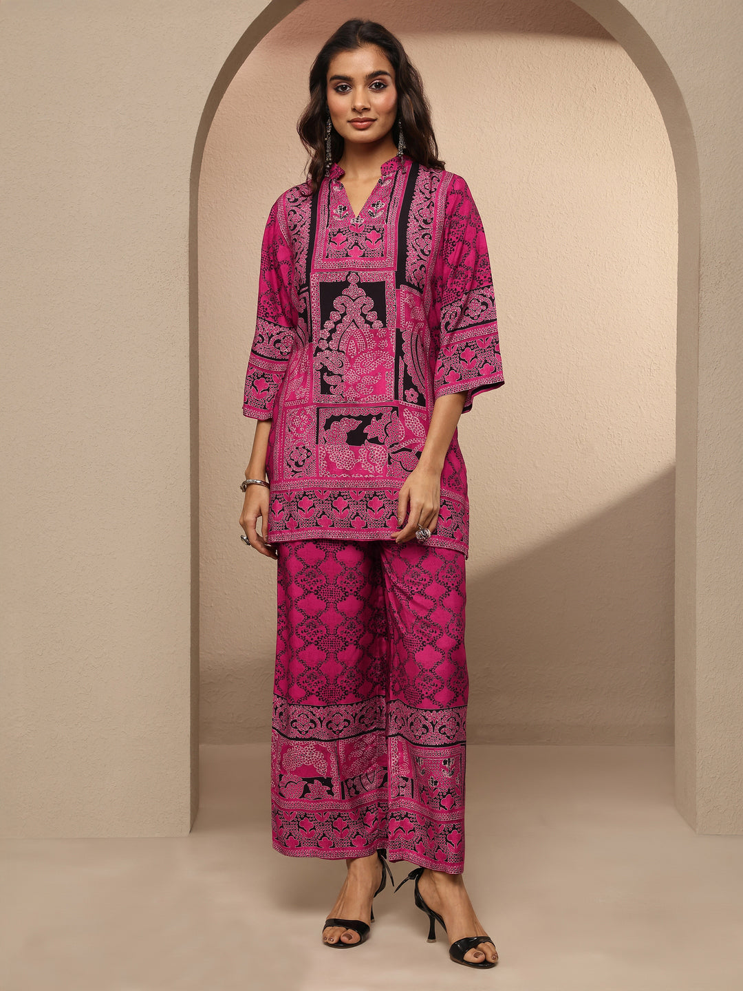 Pink Printed Silk Blend Co-Ord Set