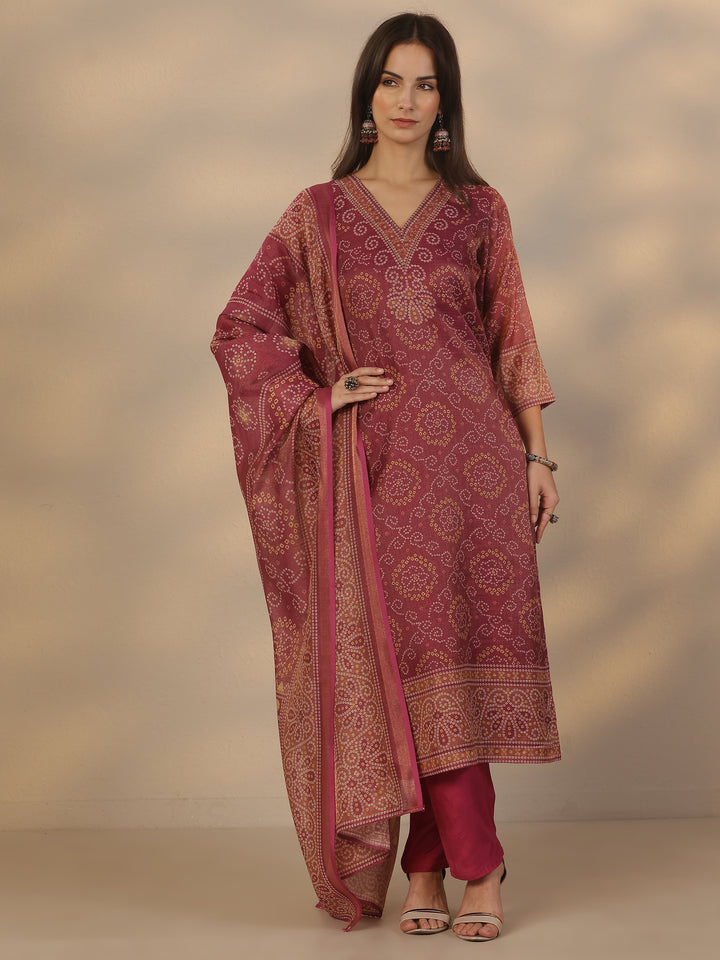 Burgundy Printed Silk Blend Straight Suit Set With Dupatta