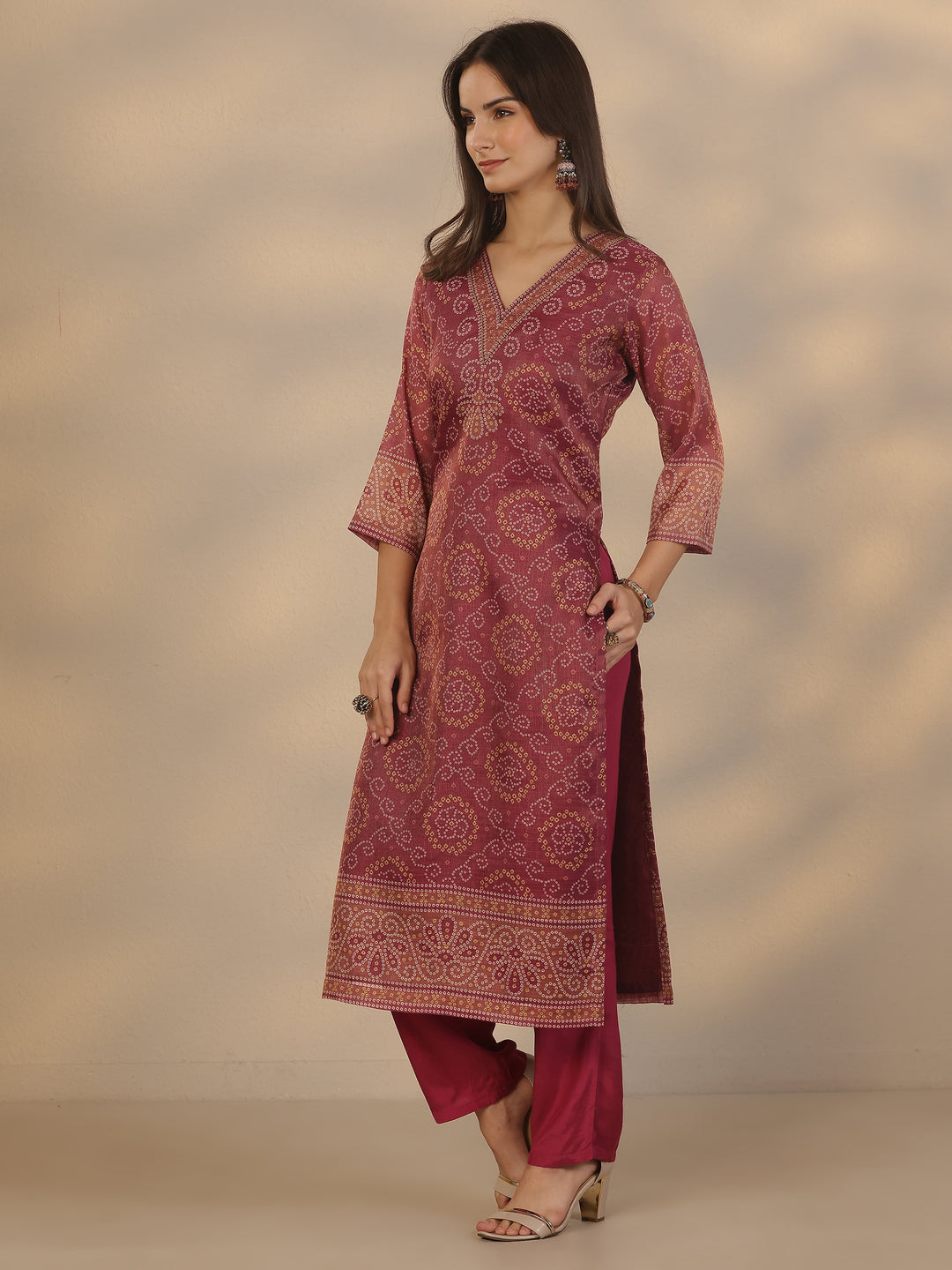 Burgundy Printed Silk Blend Straight Suit Set With Dupatta