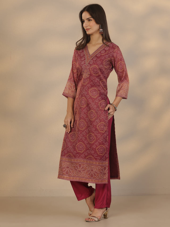 Burgundy Printed Silk Blend Straight Suit Set With Dupatta