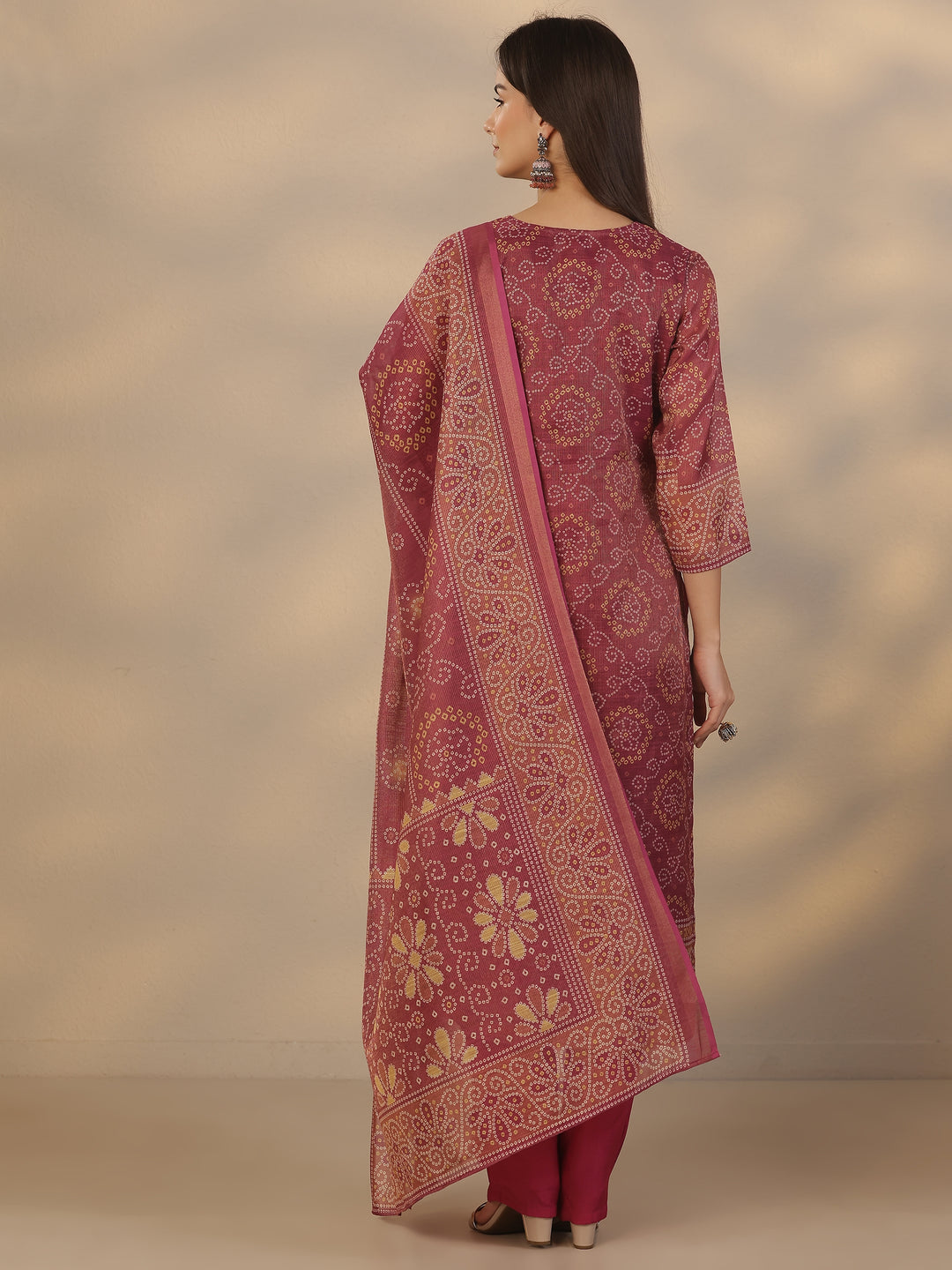 Burgundy Printed Silk Blend Straight Suit Set With Dupatta