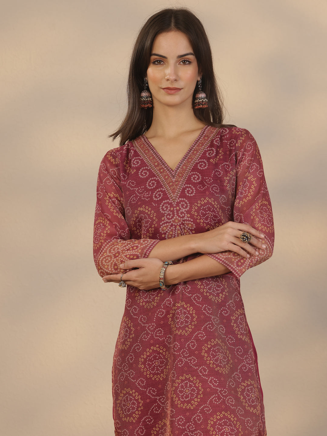 Burgundy Printed Silk Blend Straight Suit Set With Dupatta