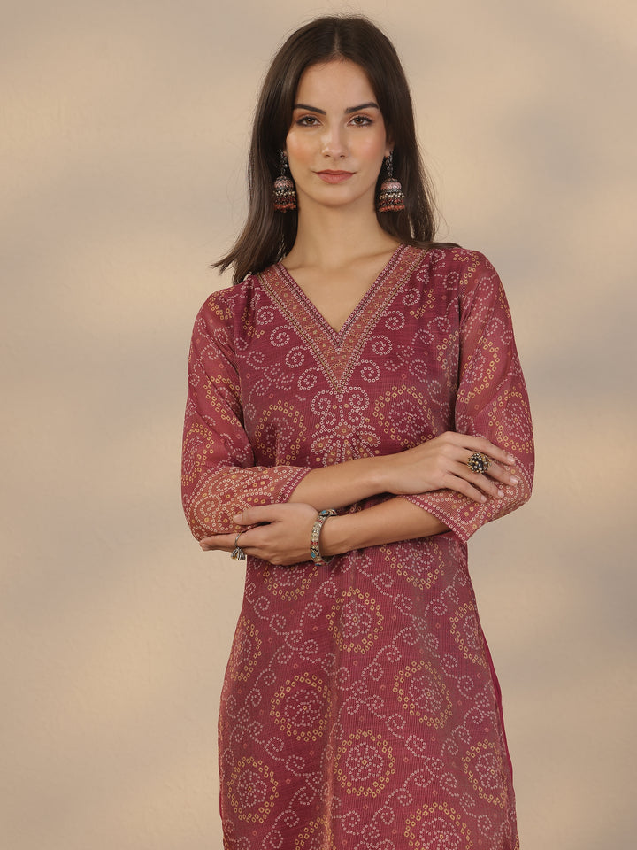 Burgundy Printed Silk Blend Straight Suit Set With Dupatta