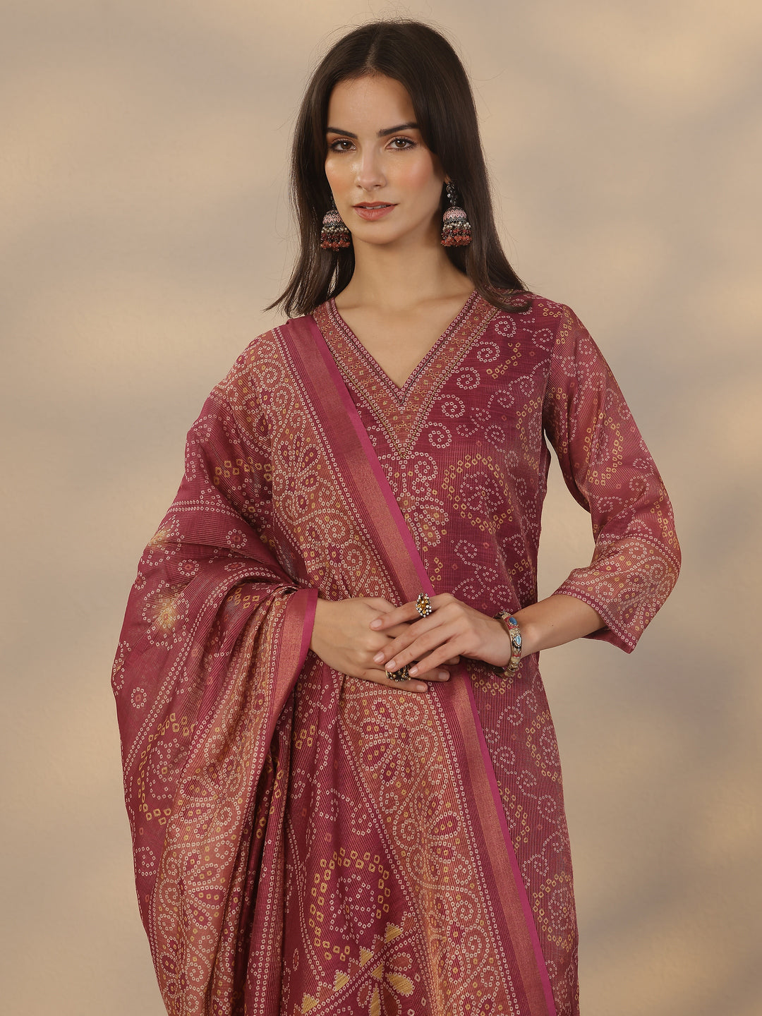 Burgundy Printed Silk Blend Straight Suit Set With Dupatta