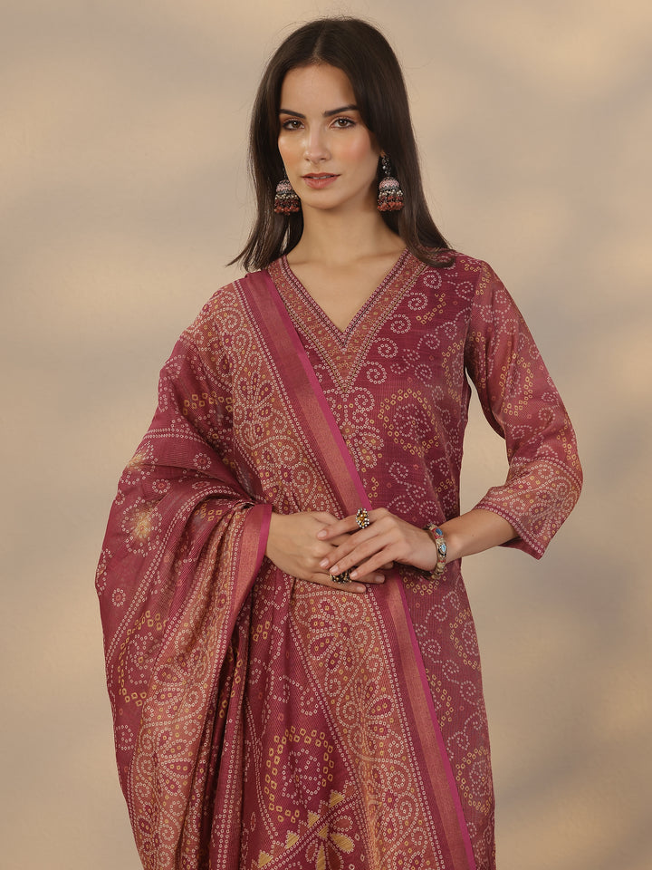 Burgundy Printed Silk Blend Straight Suit Set With Dupatta