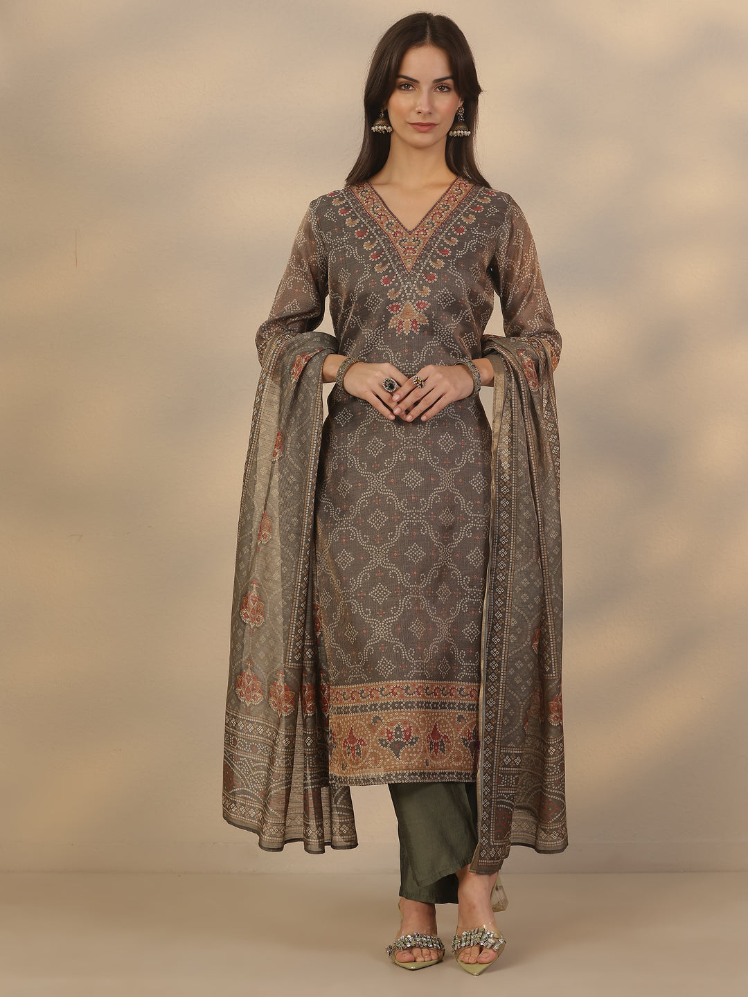Grey Printed Silk Blend Straight Suit Set With Dupatta
