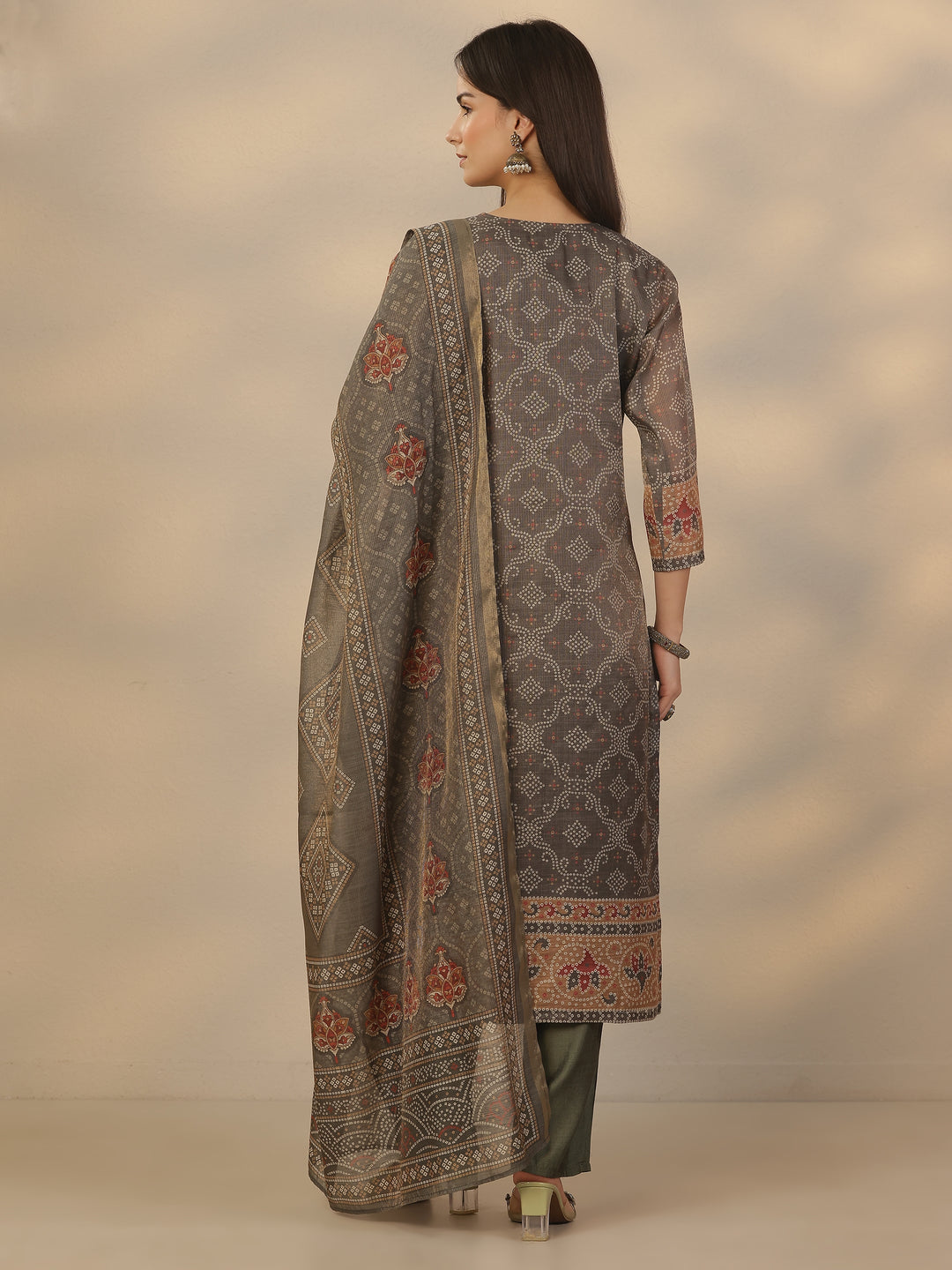 Grey Printed Silk Blend Straight Suit Set With Dupatta