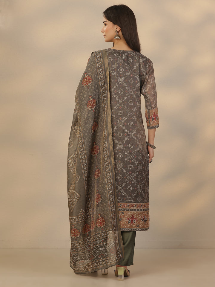 Grey Printed Silk Blend Straight Suit Set With Dupatta