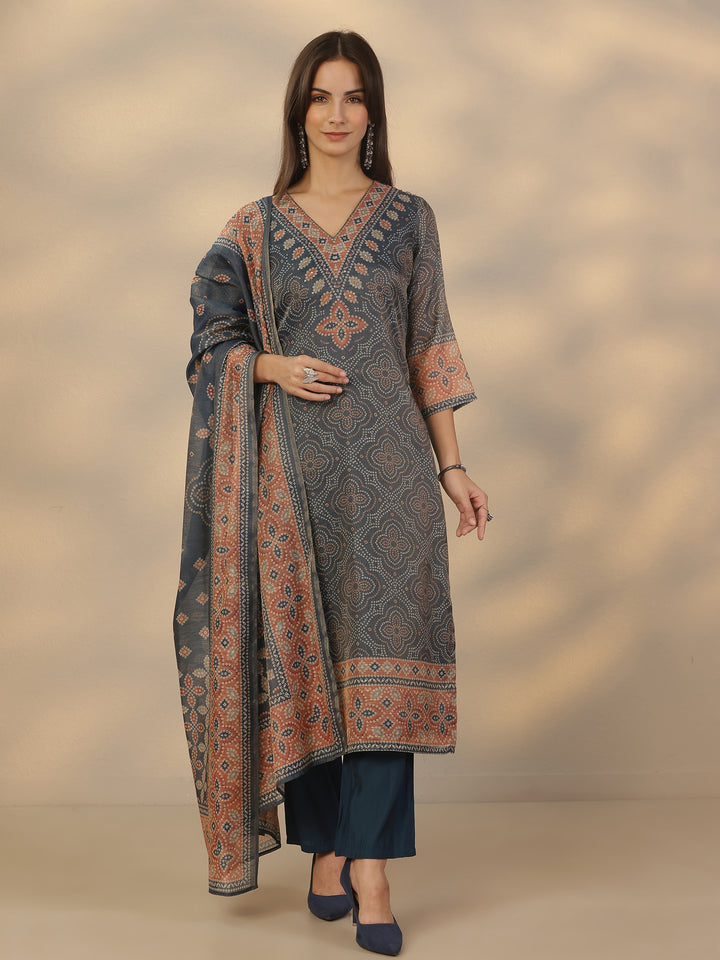 Blue Printed Silk Blend Straight Suit Set With Dupatta