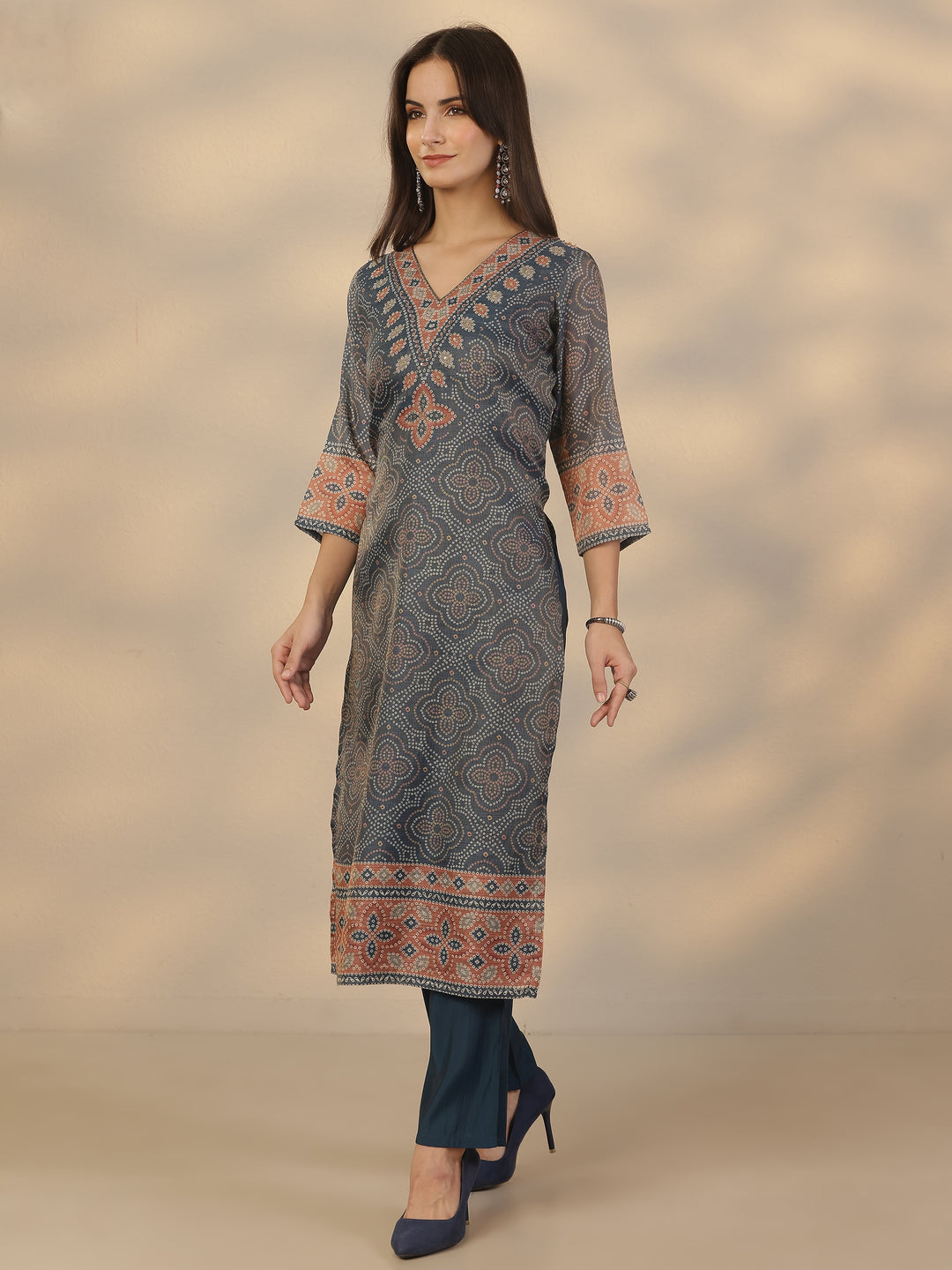 Blue Printed Silk Blend Straight Suit Set With Dupatta