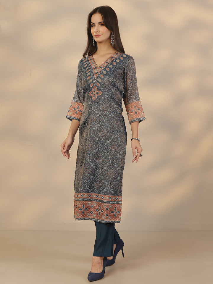 Blue Printed Silk Blend Straight Suit Set With Dupatta