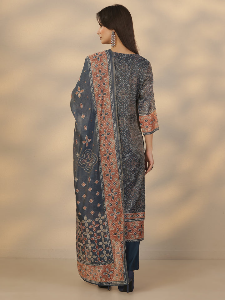 Blue Printed Silk Blend Straight Suit Set With Dupatta