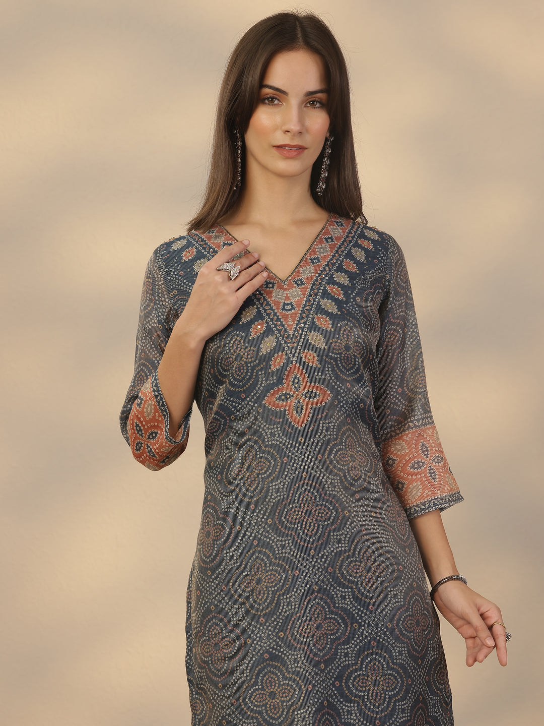 Blue Printed Silk Blend Straight Suit Set With Dupatta