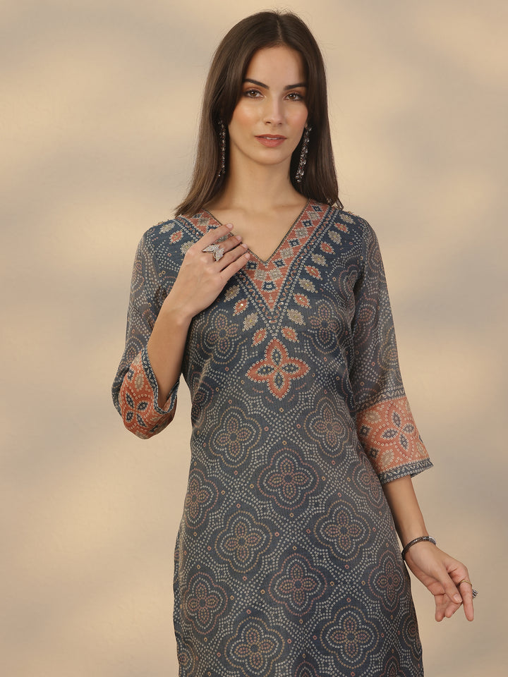 Blue Printed Silk Blend Straight Suit Set With Dupatta