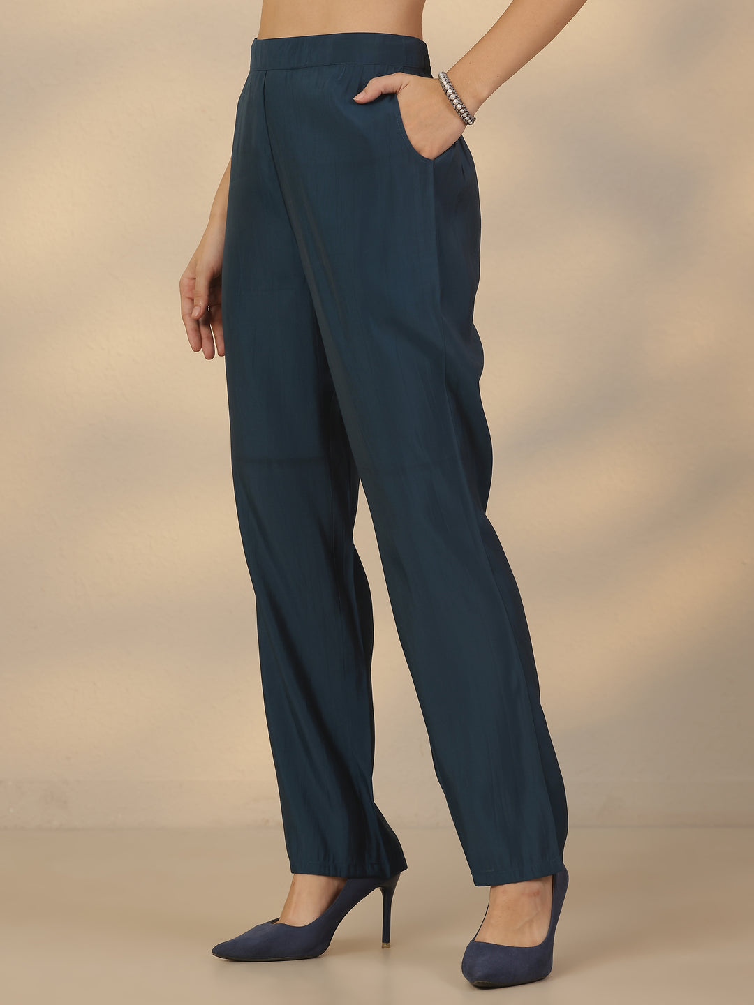 Blue Printed Silk Blend Straight Suit Set With Dupatta