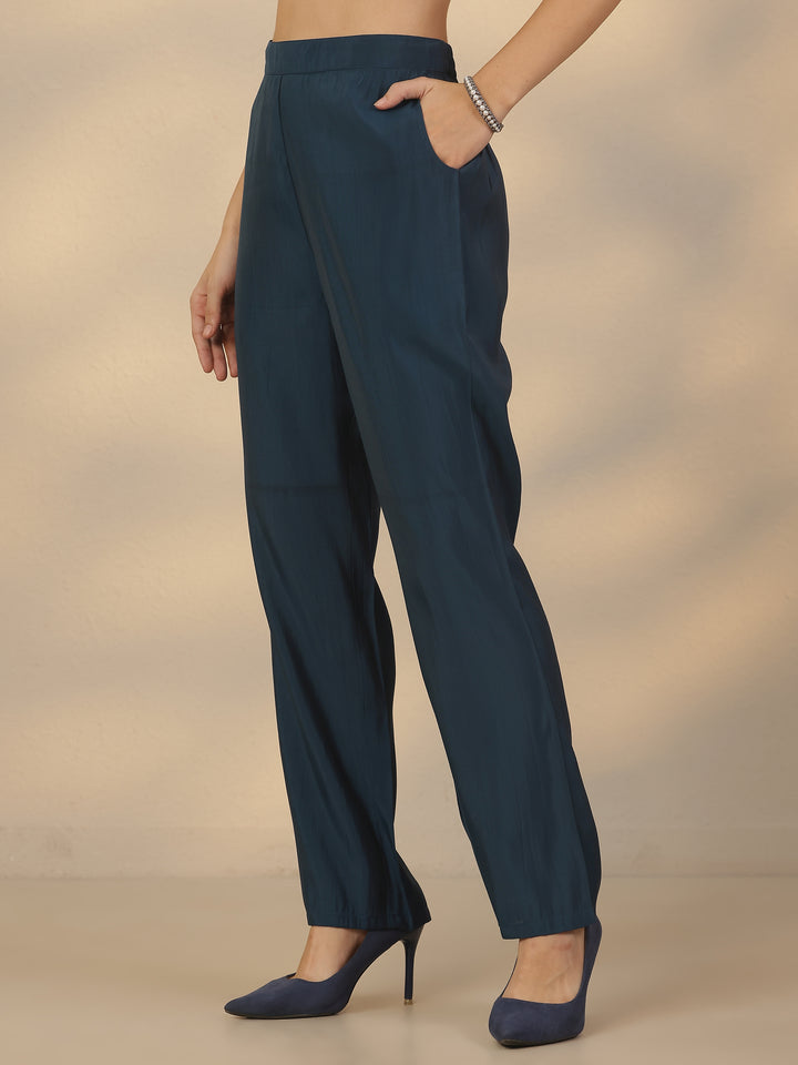 Blue Printed Silk Blend Straight Suit Set With Dupatta