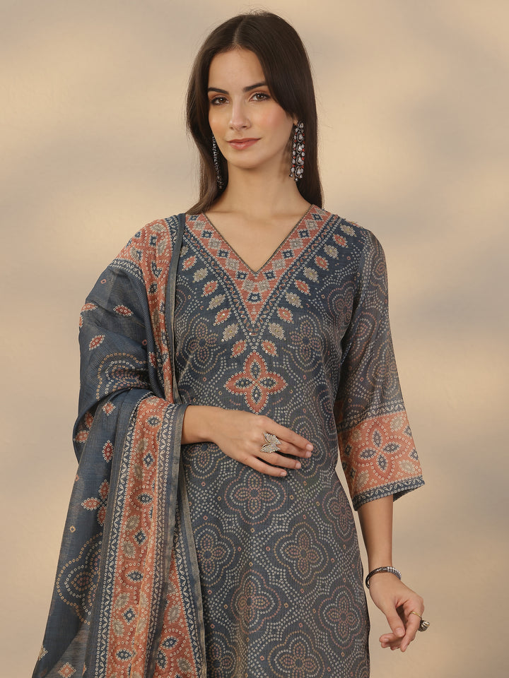Blue Printed Silk Blend Straight Suit Set With Dupatta