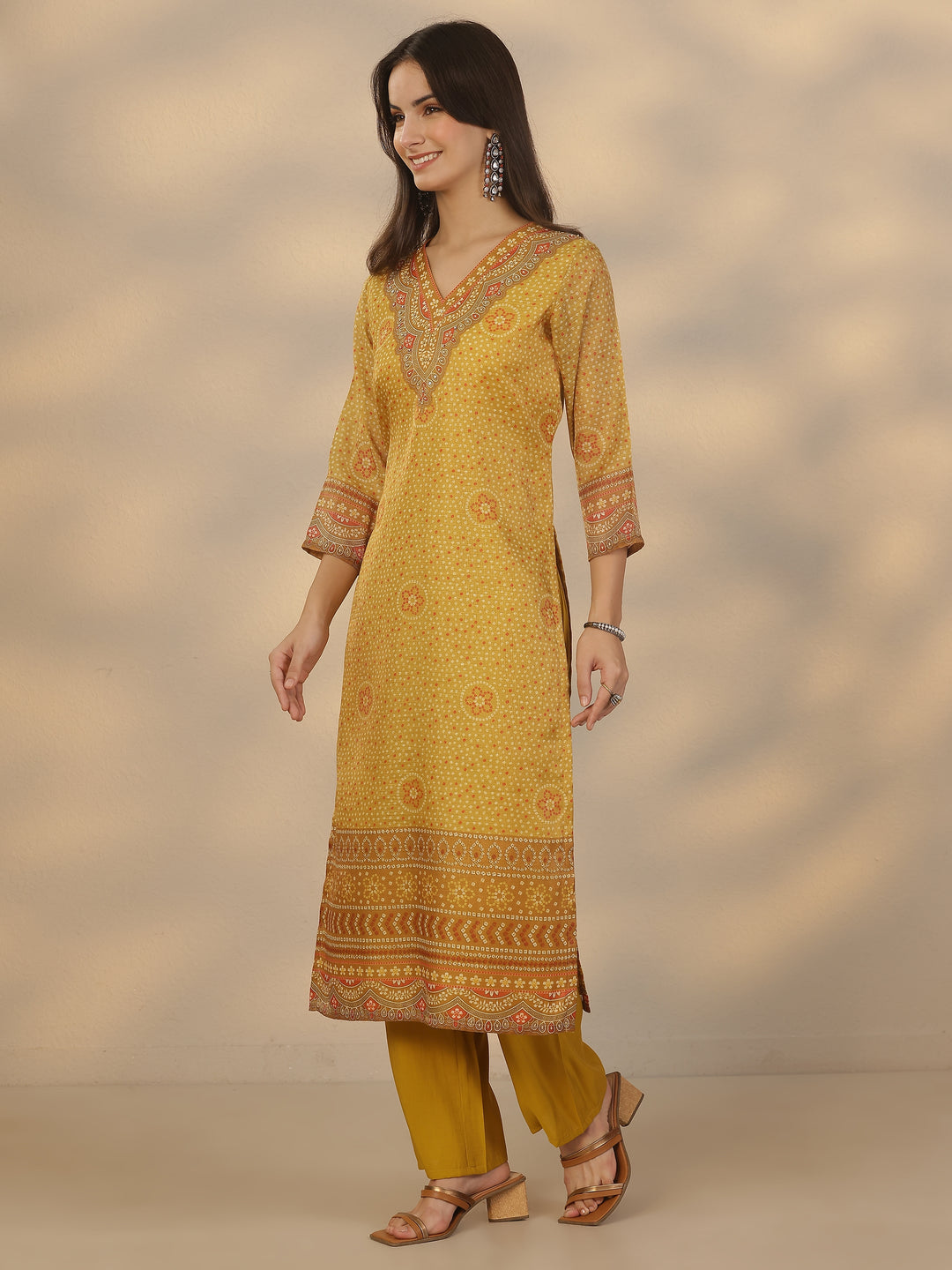 Mustard Printed Silk Blend Straight Suit Set With Dupatta