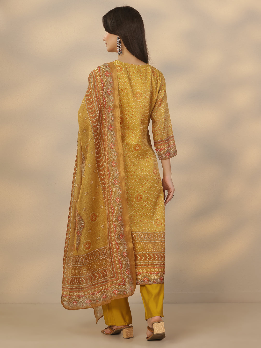 Mustard Printed Silk Blend Straight Suit Set With Dupatta