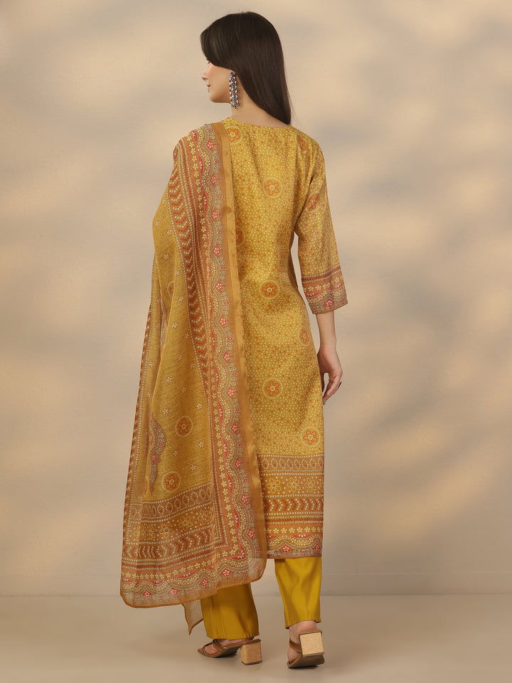 Mustard Printed Silk Blend Straight Suit Set With Dupatta