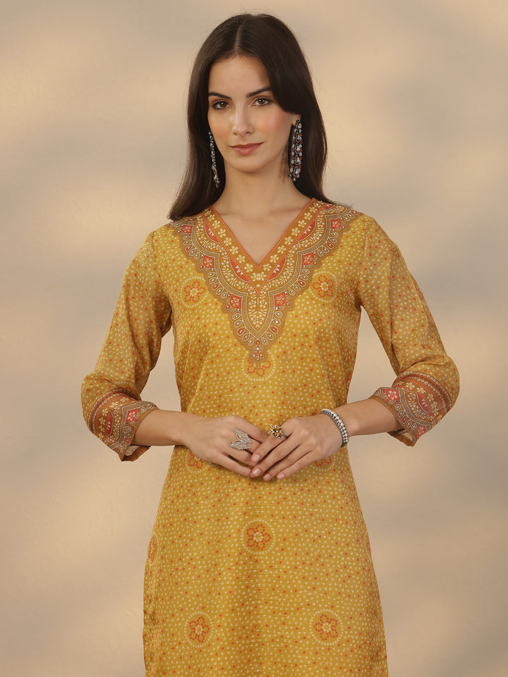 Mustard Printed Silk Blend Straight Suit Set With Dupatta