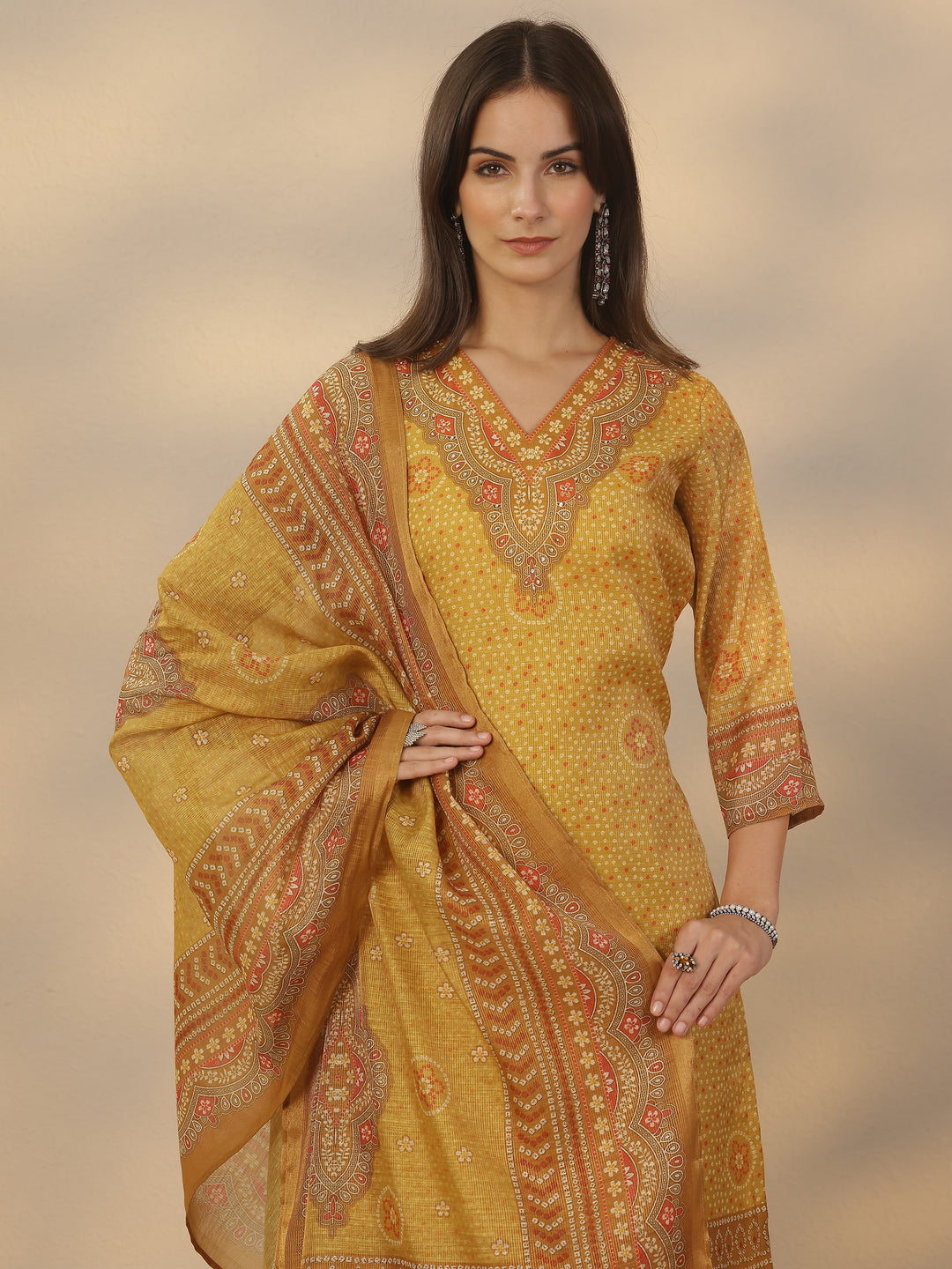 Mustard Printed Silk Blend Straight Suit Set With Dupatta