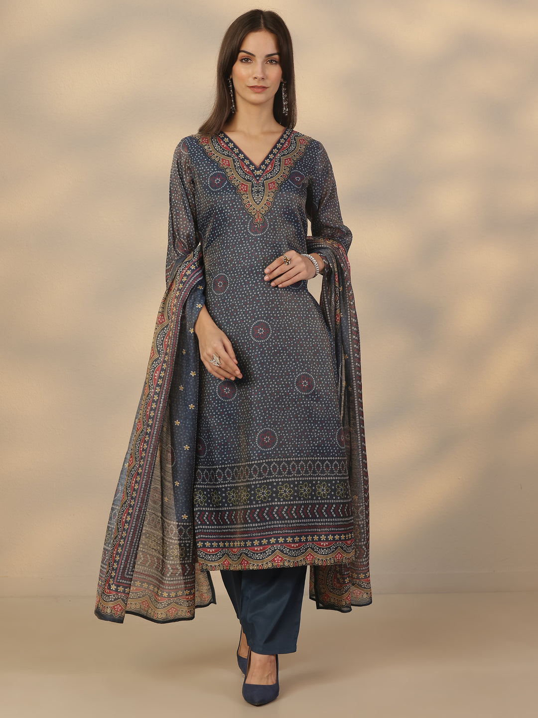 Blue Printed Silk Blend Straight Suit Set With Dupatta