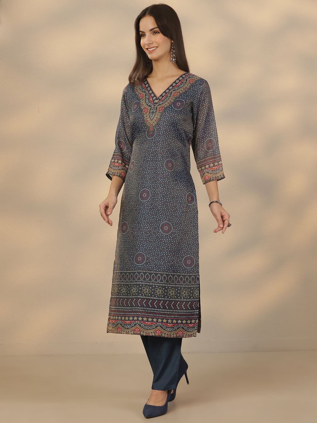 Blue Printed Silk Blend Straight Suit Set With Dupatta