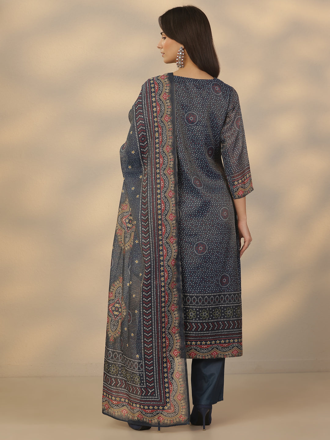 Blue Printed Silk Blend Straight Suit Set With Dupatta