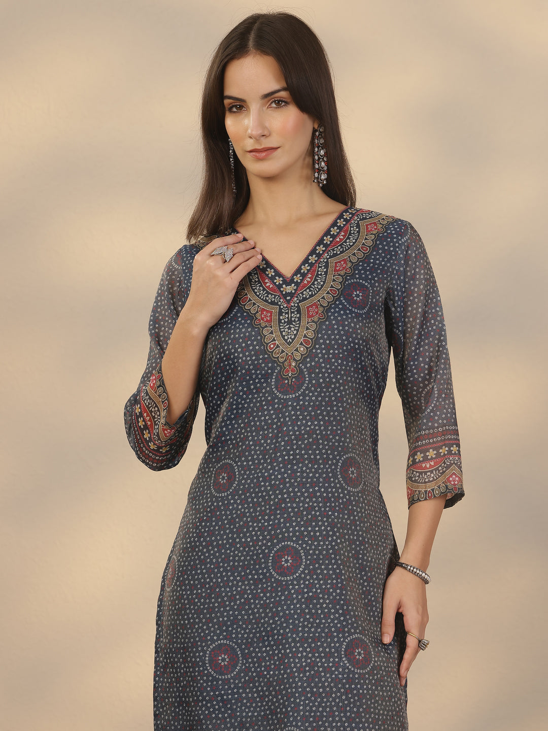 Blue Printed Silk Blend Straight Suit Set With Dupatta