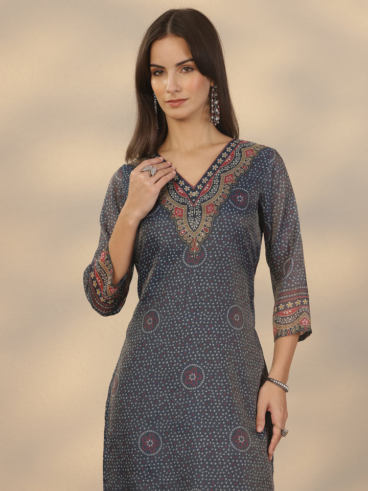 Blue Printed Silk Blend Straight Suit Set With Dupatta