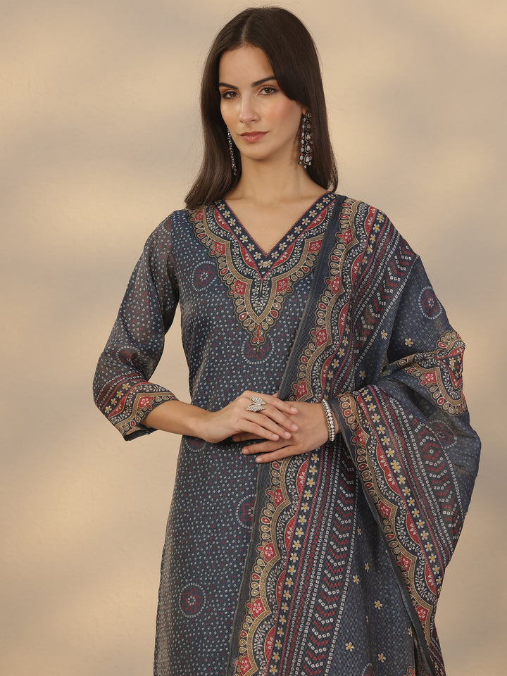 Blue Printed Silk Blend Straight Suit Set With Dupatta