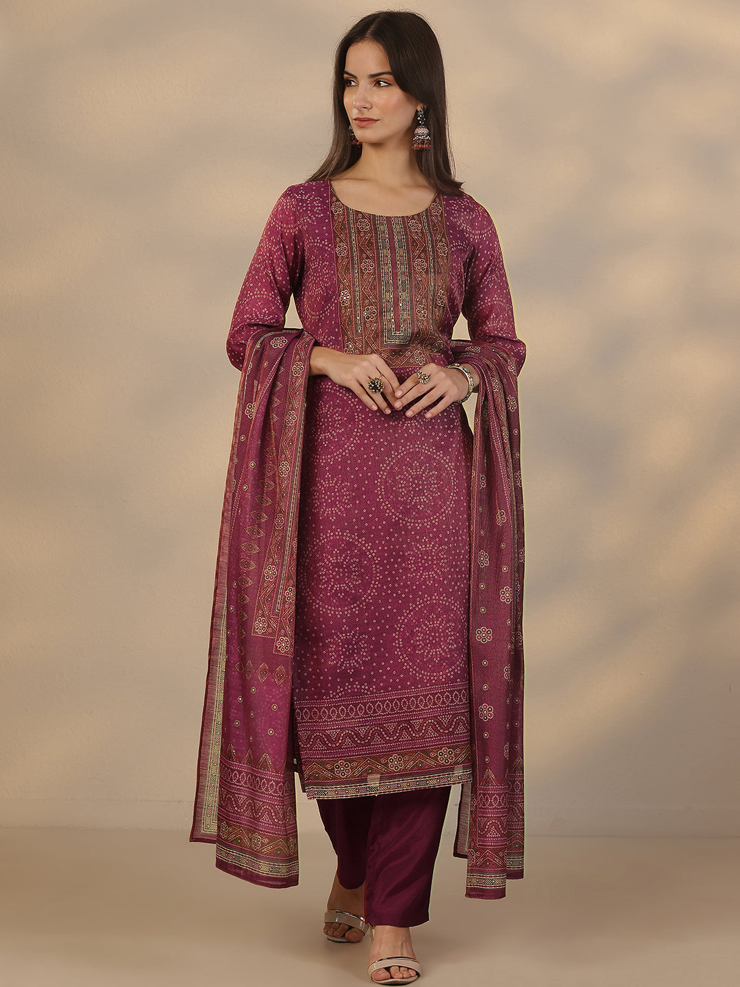 Burgundy Printed Silk Blend Straight Suit Set With Dupatta