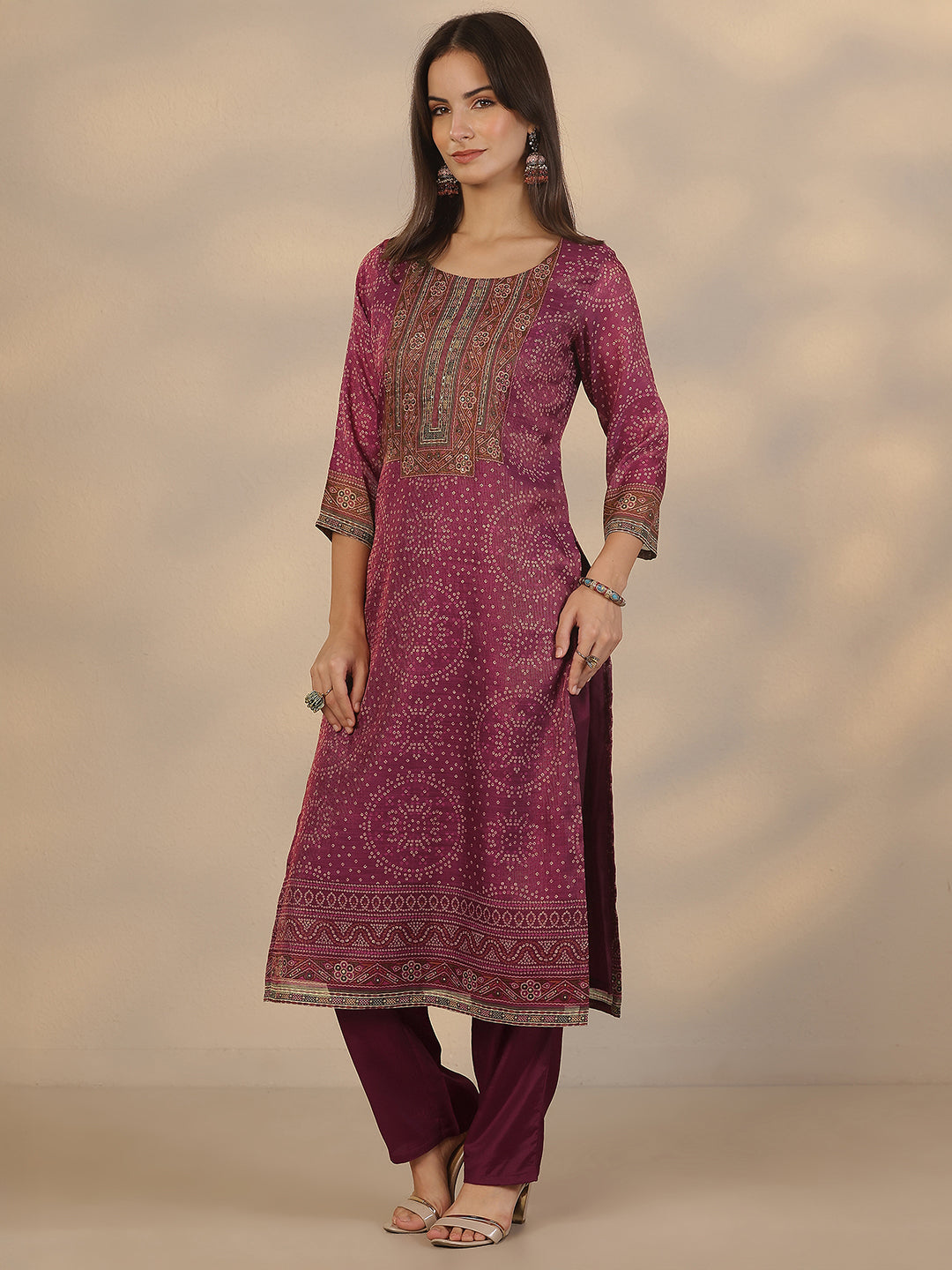 Burgundy Printed Silk Blend Straight Suit Set With Dupatta