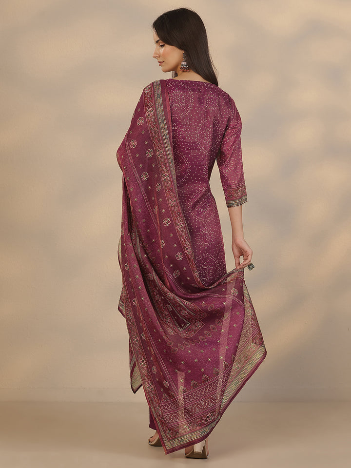 Burgundy Printed Silk Blend Straight Suit Set With Dupatta