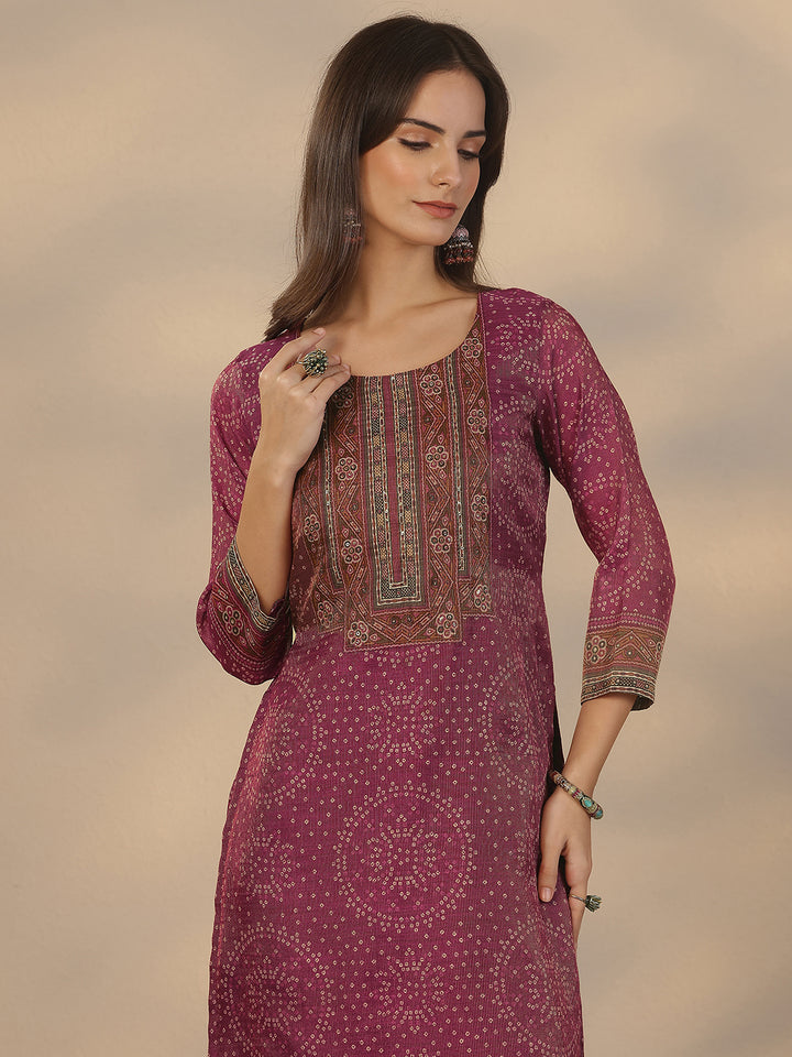 Burgundy Printed Silk Blend Straight Suit Set With Dupatta