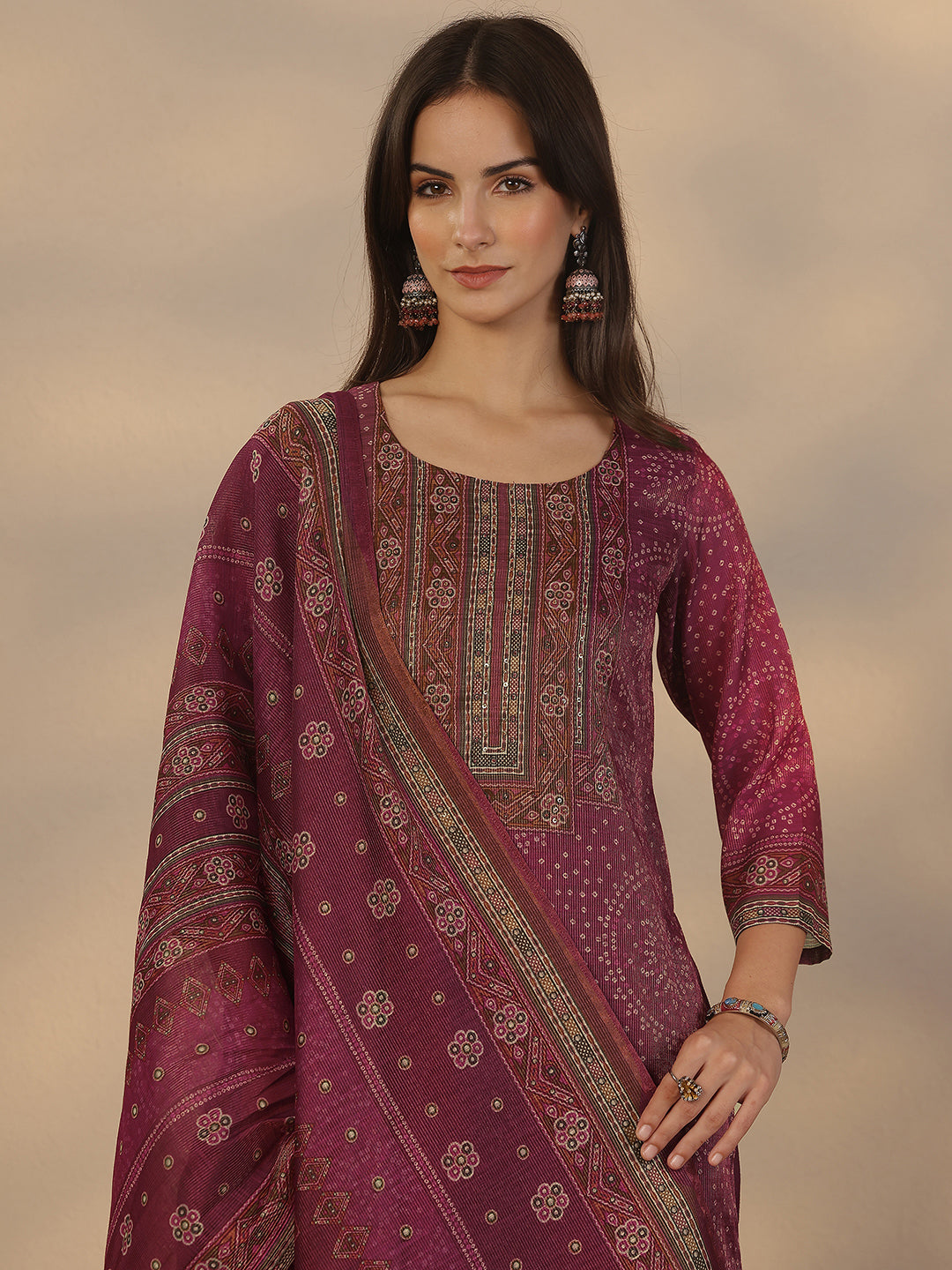 Burgundy Printed Silk Blend Straight Suit Set With Dupatta
