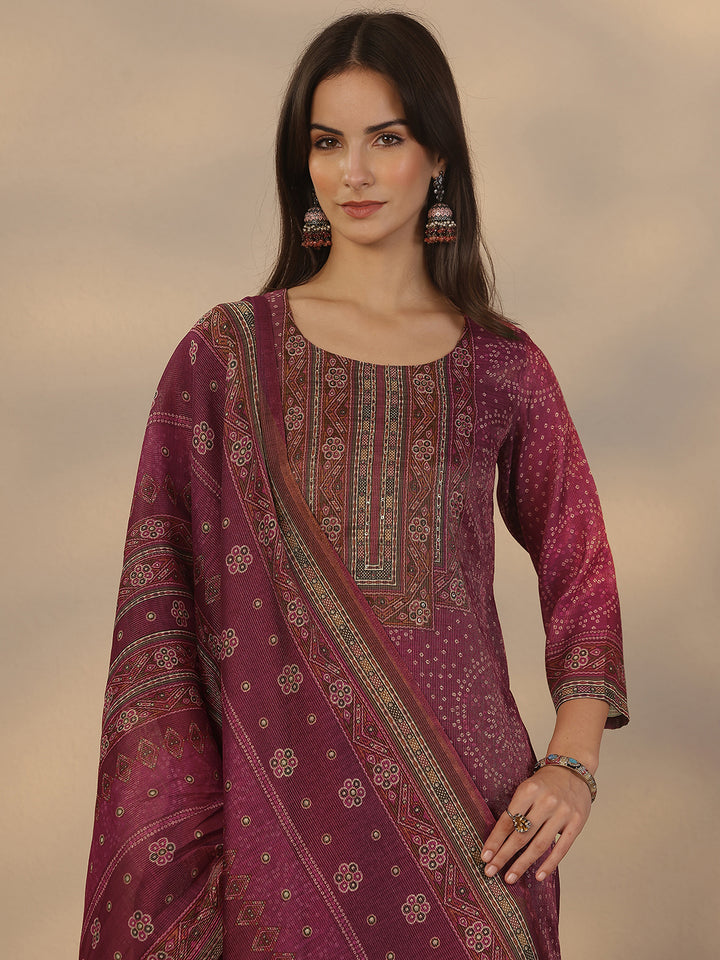 Burgundy Printed Silk Blend Straight Suit Set With Dupatta