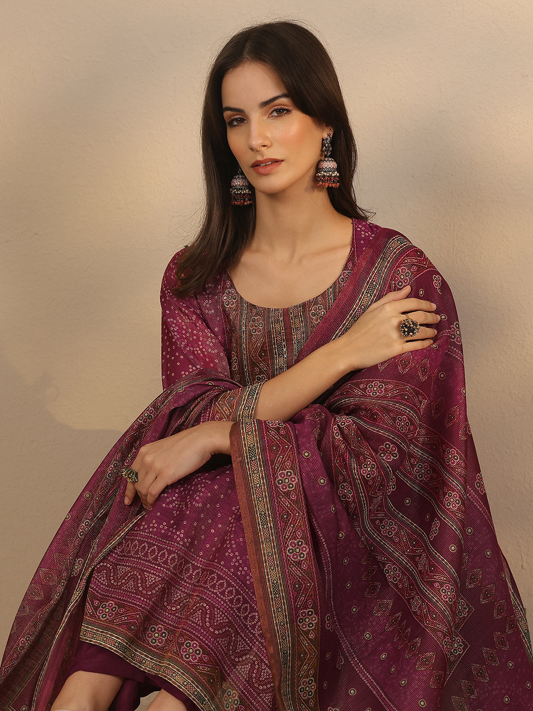 Burgundy Printed Silk Blend Straight Suit Set With Dupatta