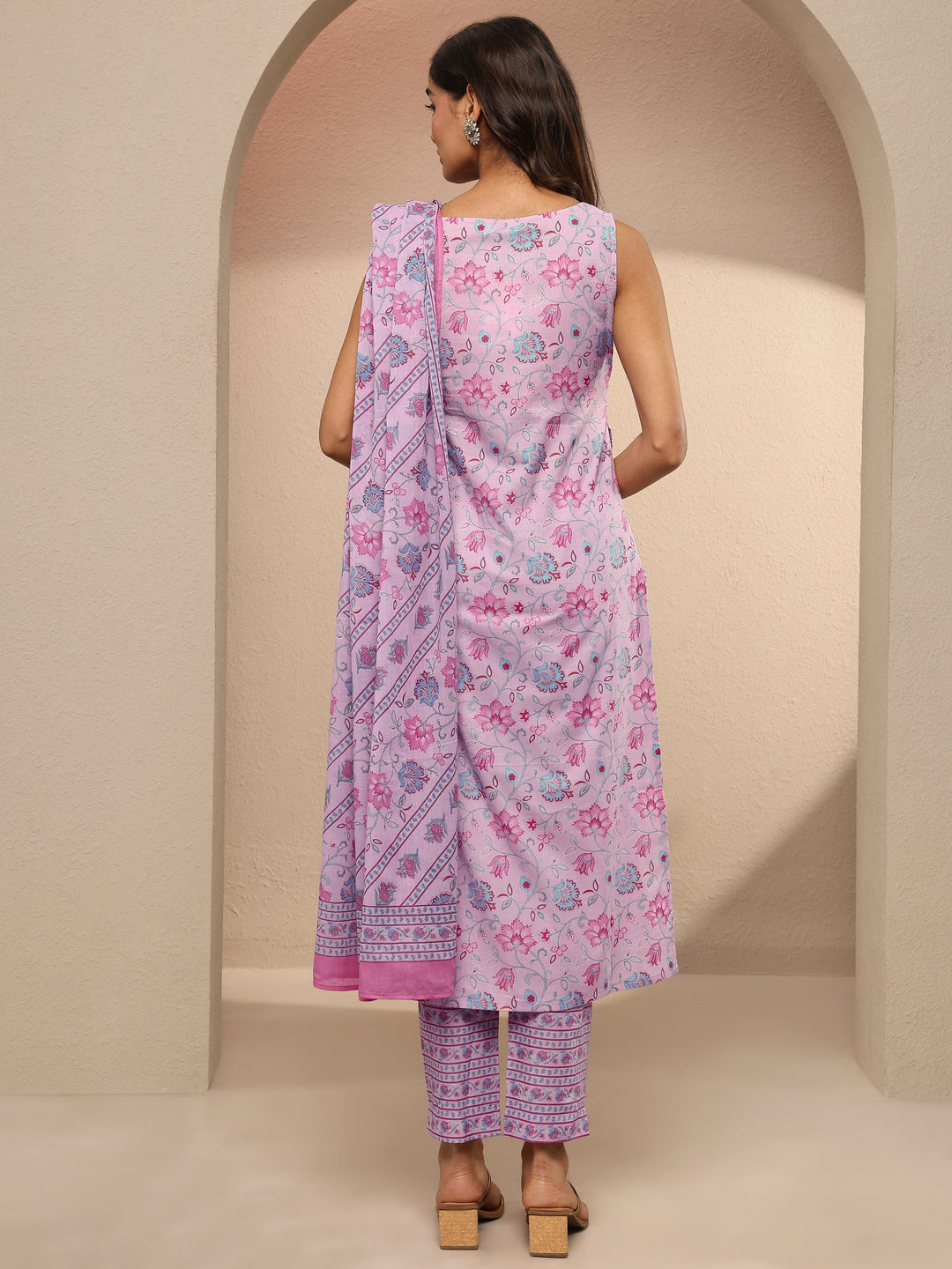 Lavender Printed Cotton Straight Suit Set With Dupatta