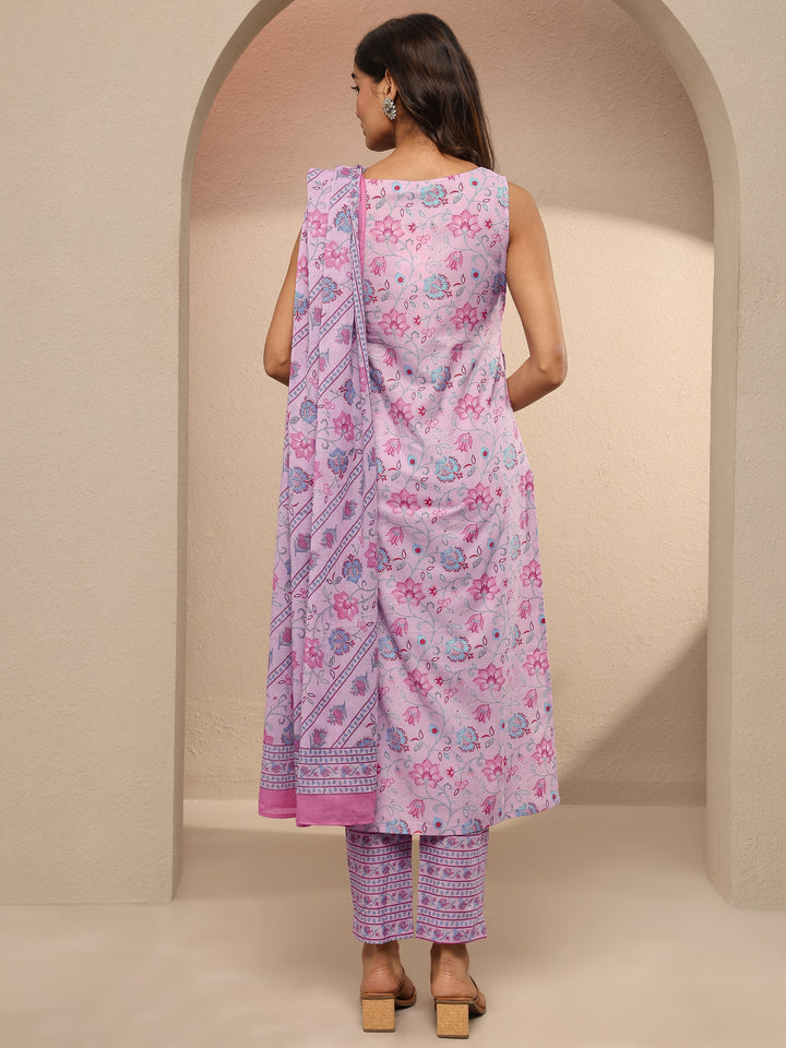 Lavender Printed Cotton Straight Suit Set With Dupatta