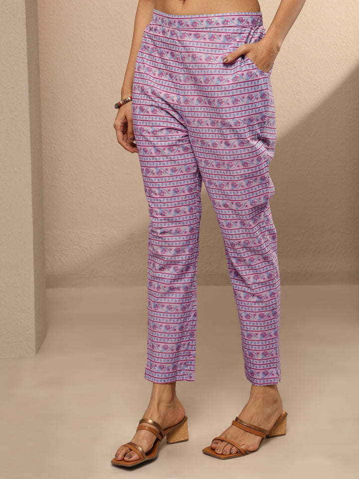 Lavender Printed Cotton Straight Suit Set With Dupatta