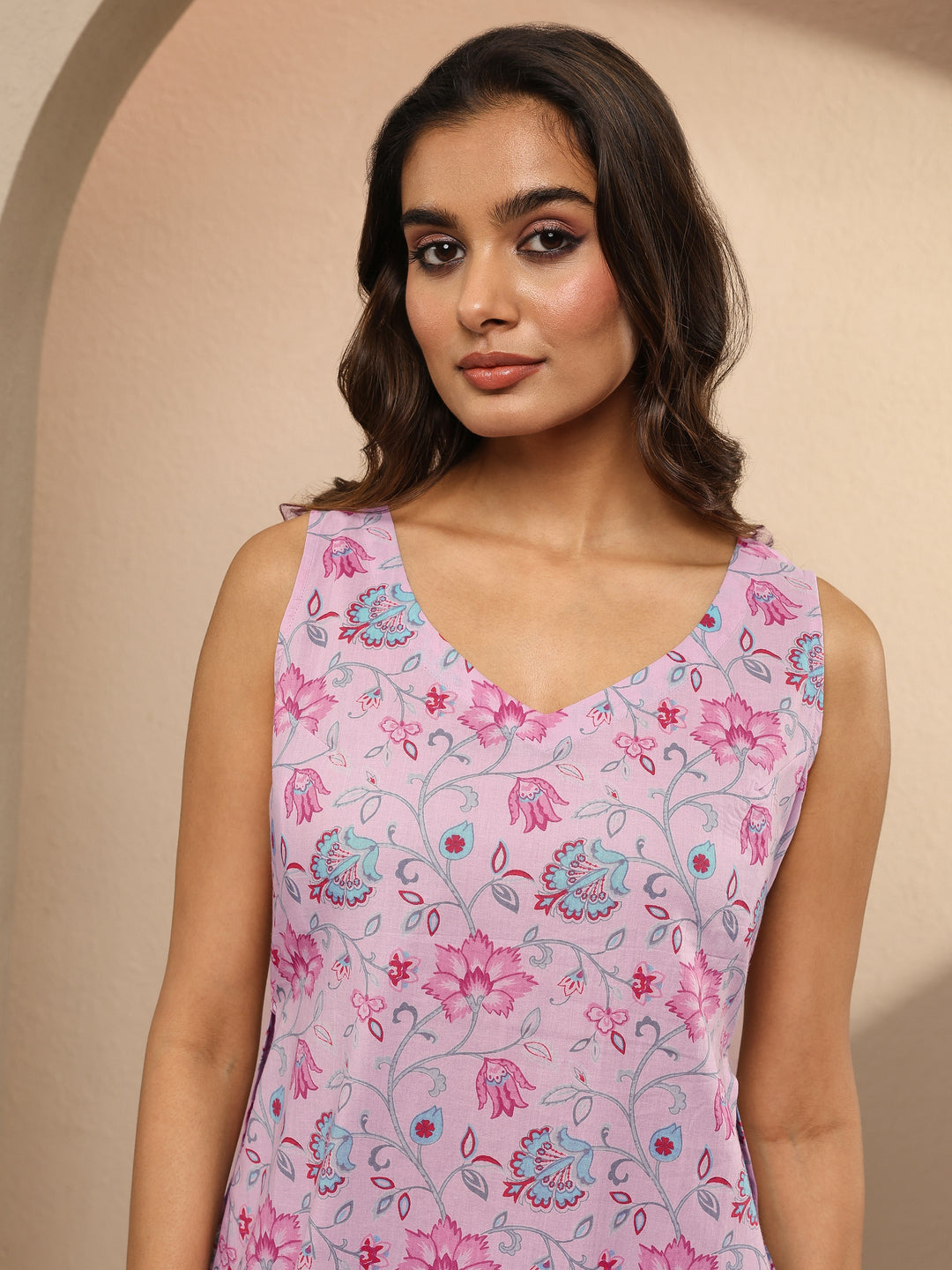 Lavender Printed Cotton Straight Suit Set With Dupatta